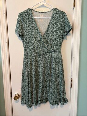 SO Sage Green Floral Wrap Midi Dress
